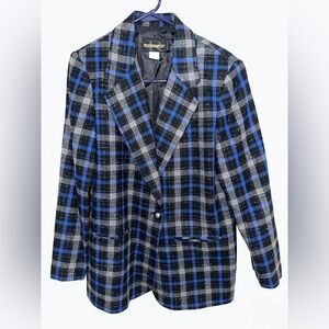 Vintage Requirements women Blue & Gray Plaid Wool Blend Jacket Overcoat Size 12